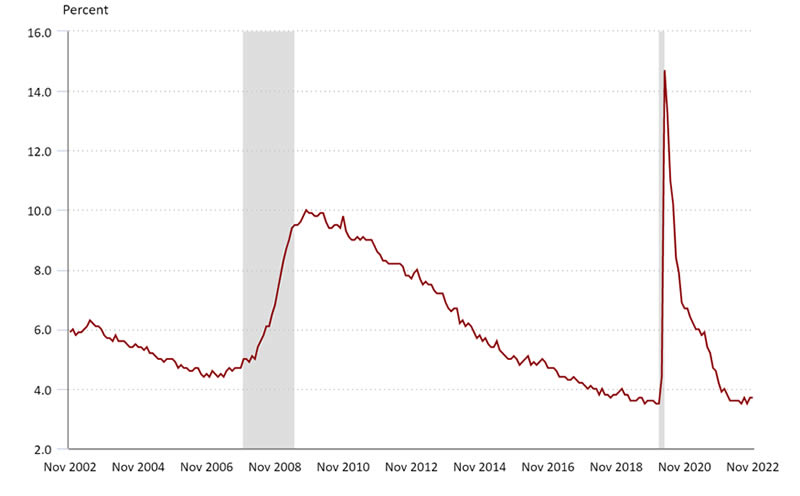 Andamento del tasso di disoccupazione USA negli ultimi 20 anni